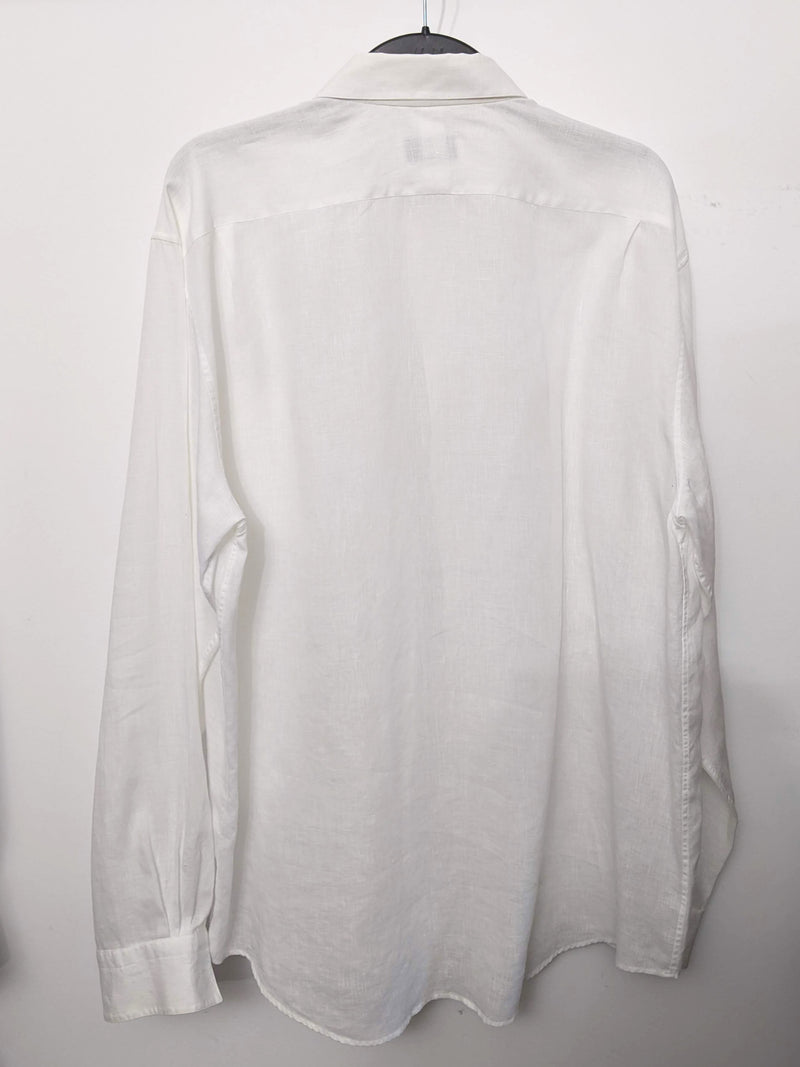 HERMES White Linen Men's Long Sleeves Shirt, Sz44