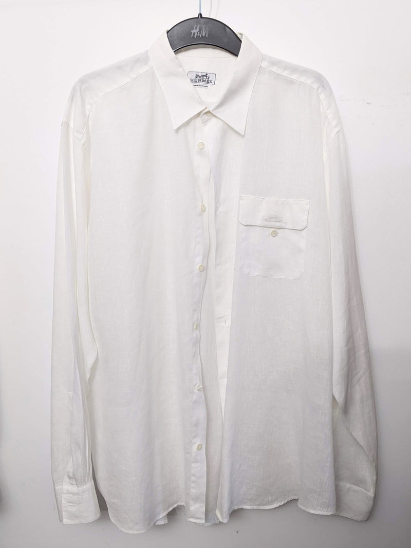 HERMES White Linen Men's Long Sleeves Shirt, Sz44