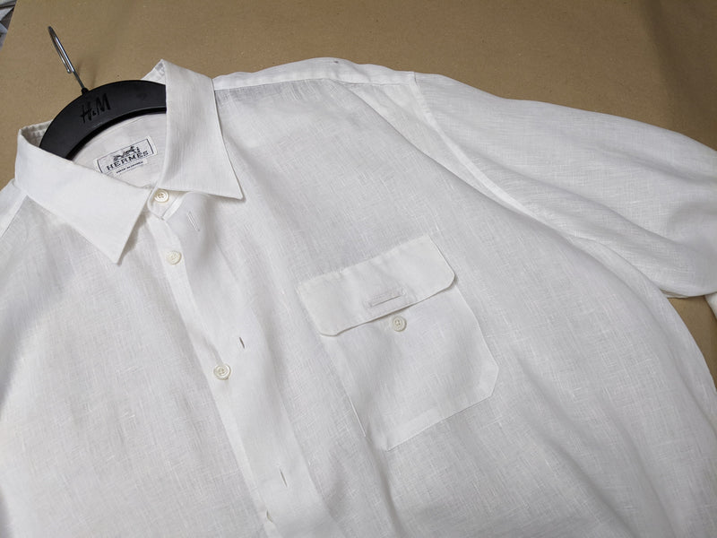 HERMES White Linen Men's Long Sleeves Shirt, Sz44