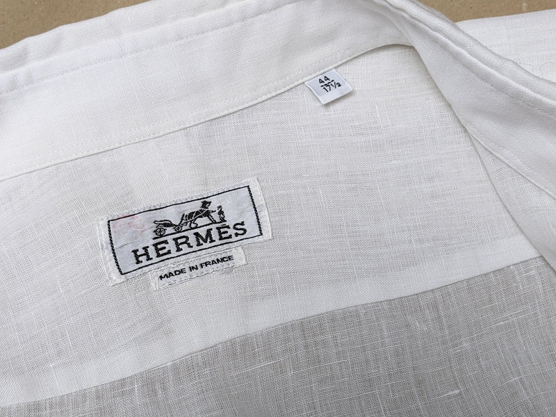 HERMES White Linen Men's Long Sleeves Shirt, Sz44