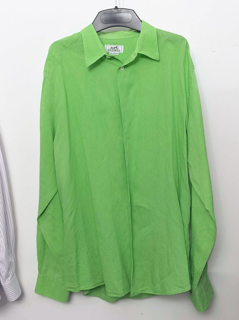 HERMES Green Linen Men's Long Sleeves Shirt, Sz44