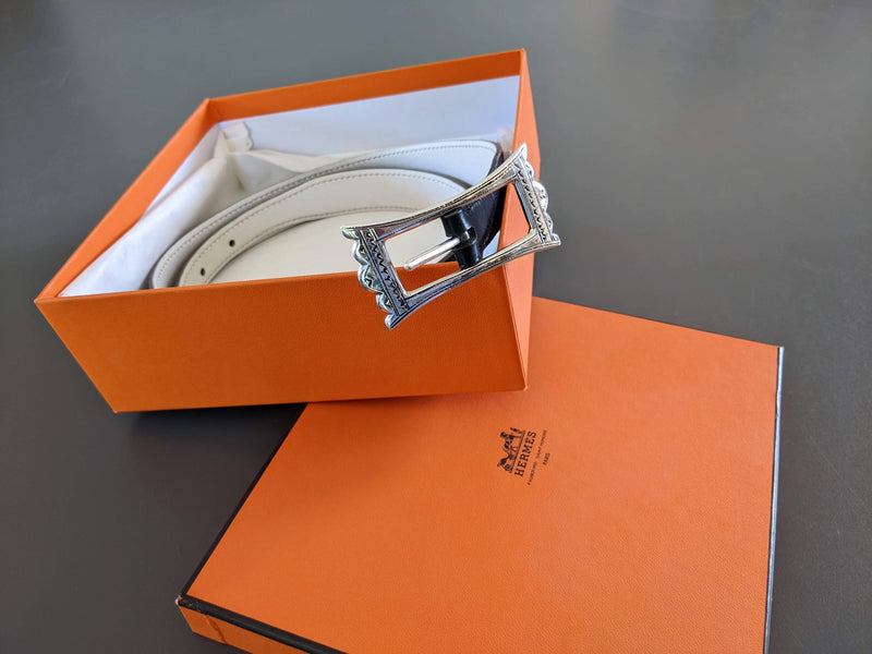 HERMES 1999 Women's Black/White Belt Touareg 24 mm in Size 75