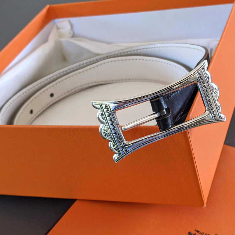 HERMES 1999 Women's Black/White Belt Touareg 24 mm in Size 75