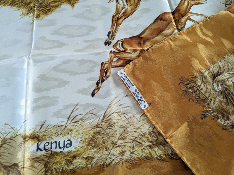 HERMES 1990's Gold Kenya by Robert Dallet Jacquard Twill Silk Scarf 90 x 90 cm