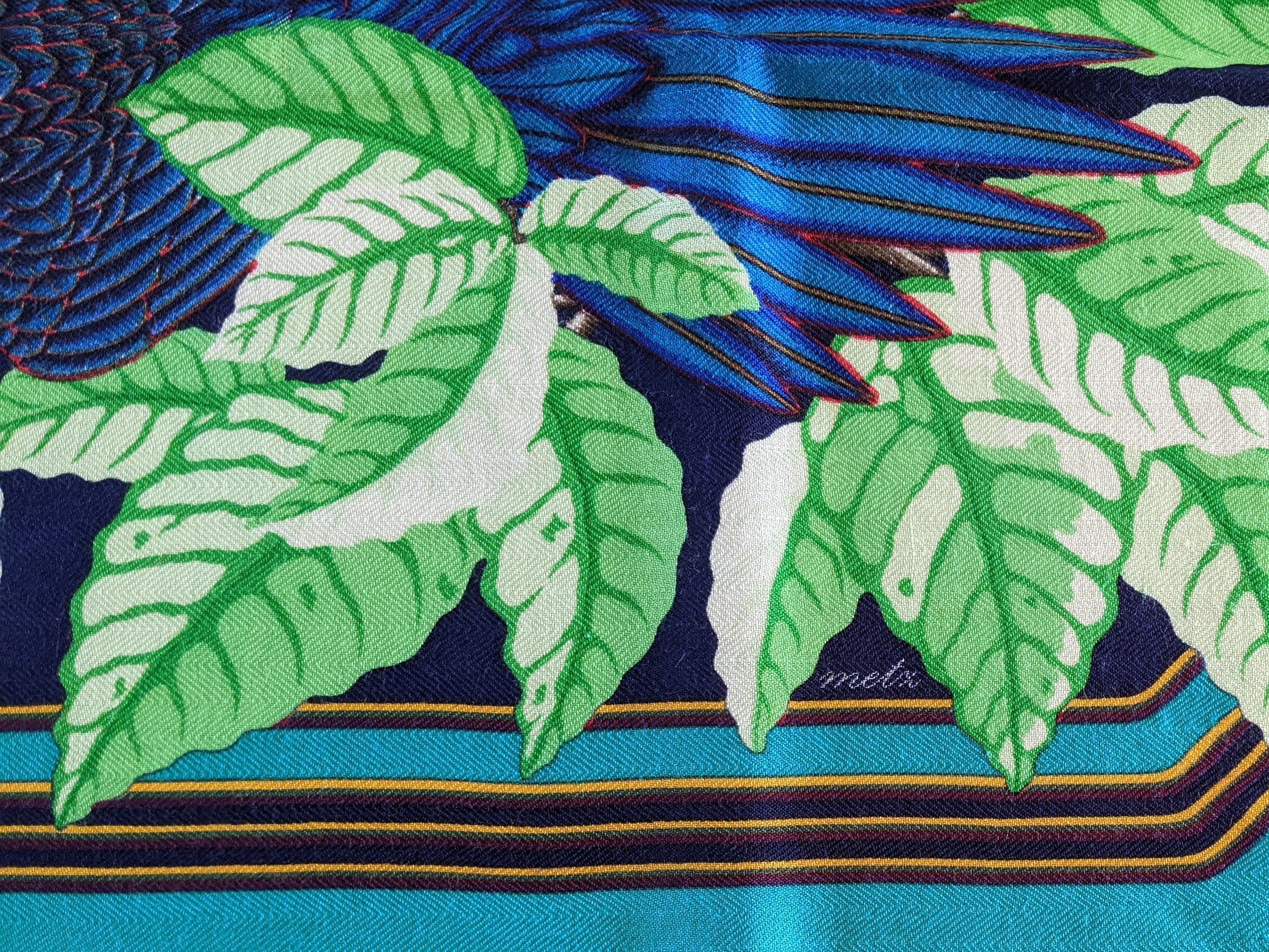 HERMES Les Perroquets Silk & Cashmere Scarf 90 