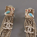 CHANEL Owl CC Logo Crystal Tassel Earrings Gold Tone 2018 with Box