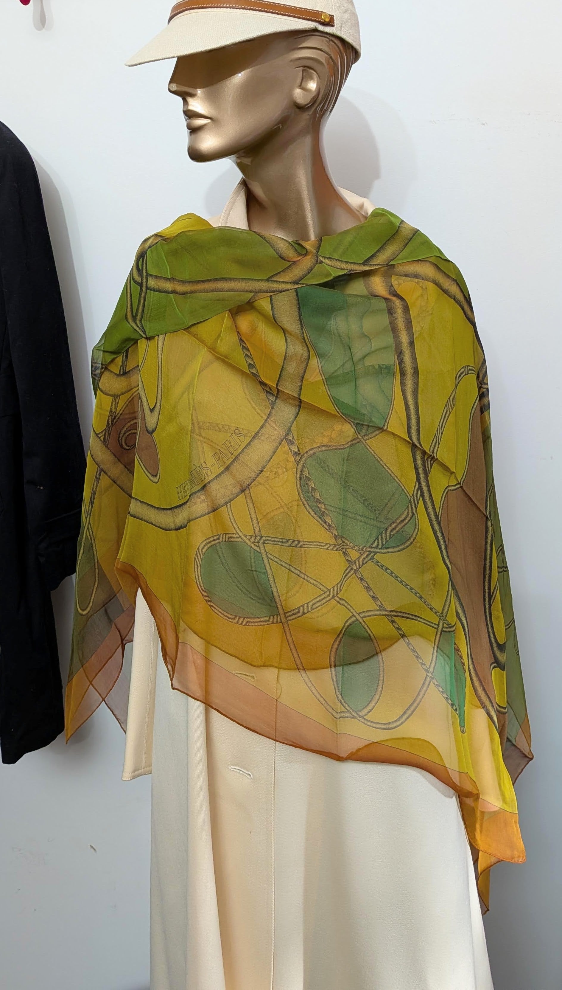 HERMES 2012 Chartreuse/Cognac/Vert COUP DE FOUET Silk Changeante Mousseline 140 New!