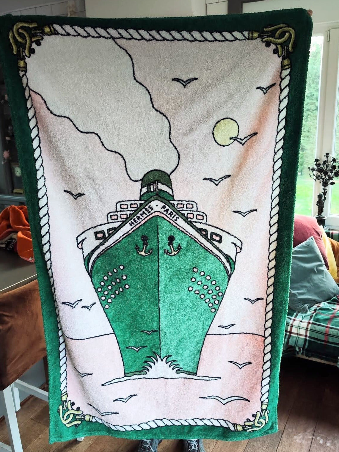 HERMES Green/Pink Paquebot Cruise Ship Terry Towel 90 x 150 cm A20251102