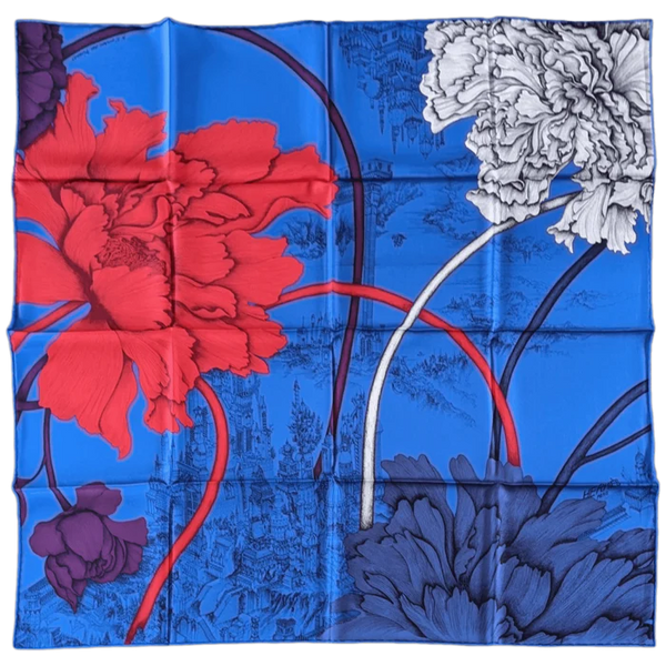 HERMES A L'Ombre des Pivoines Twill Silk Scarves 90 x 90 cm