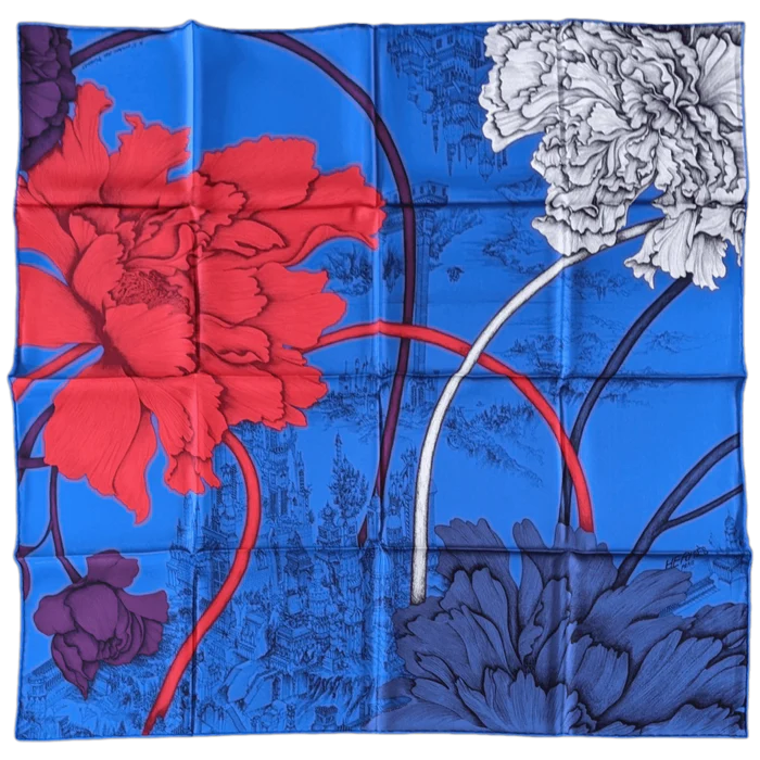 HERMES A L'Ombre des Pivoines Twill Silk Scarves 90 x 90 cm