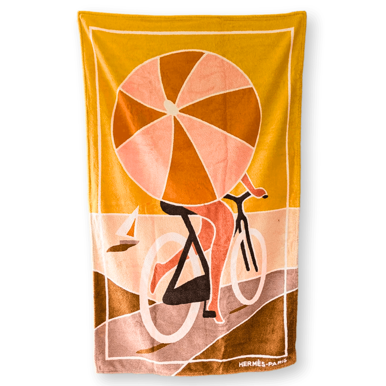 HERMES La Route des Plages Beach Towel GM 90 x 150 cm Mustard Orange Pink Cotton Terry Pristine