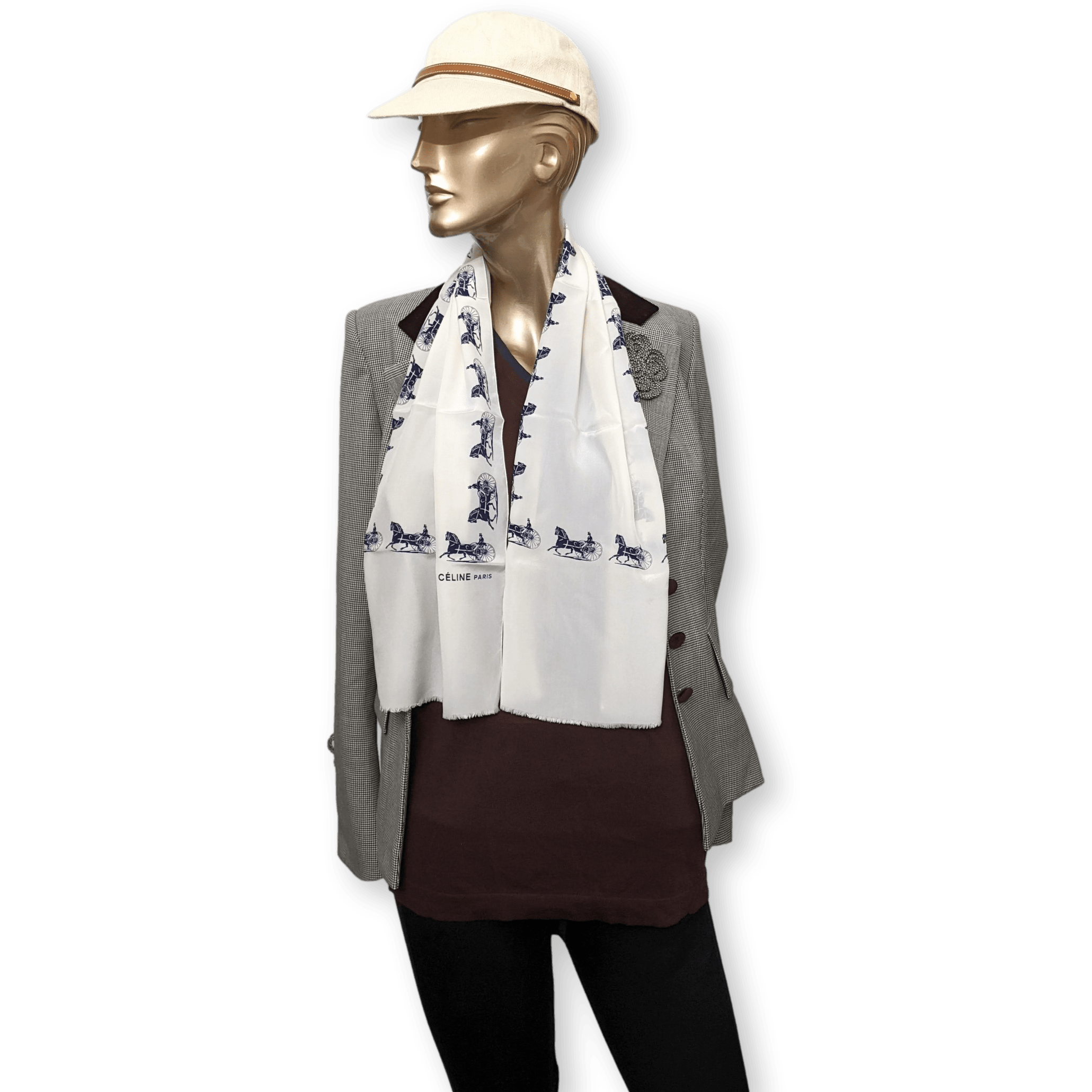 CELINE White/Navy Caleche Crepe of Silk Stole