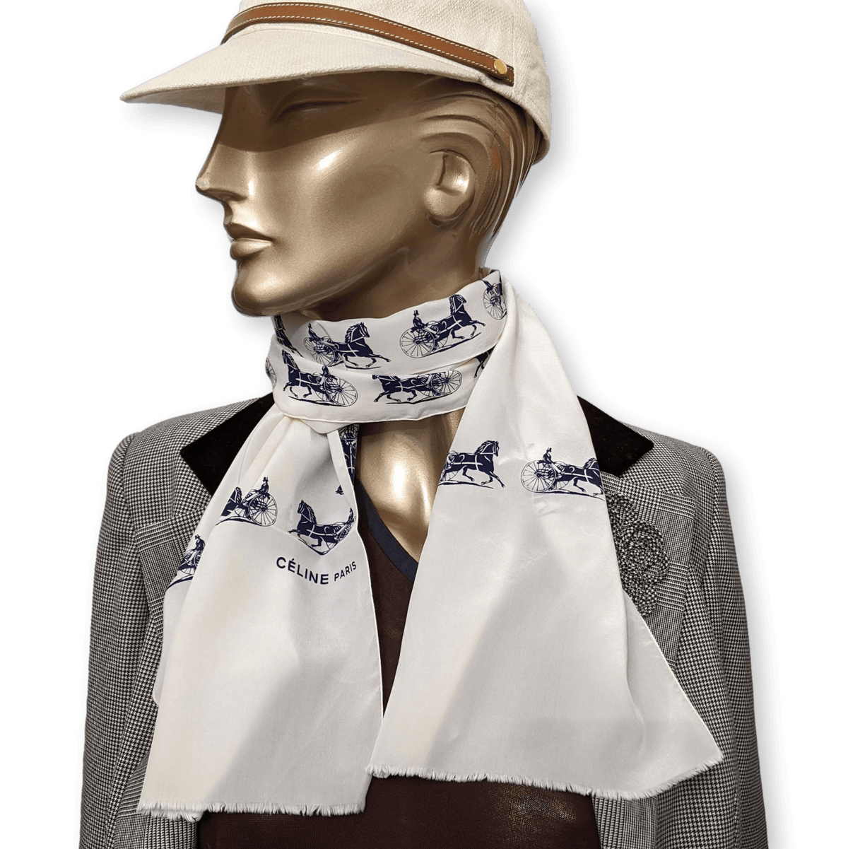 CELINE White/Navy Caleche Crepe of Silk Stole