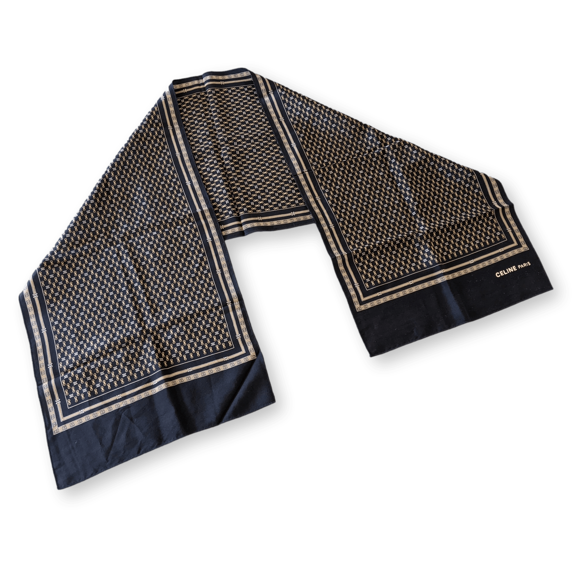 CELINE  Black/Gold/Silver Logo Twilll Silk Stole