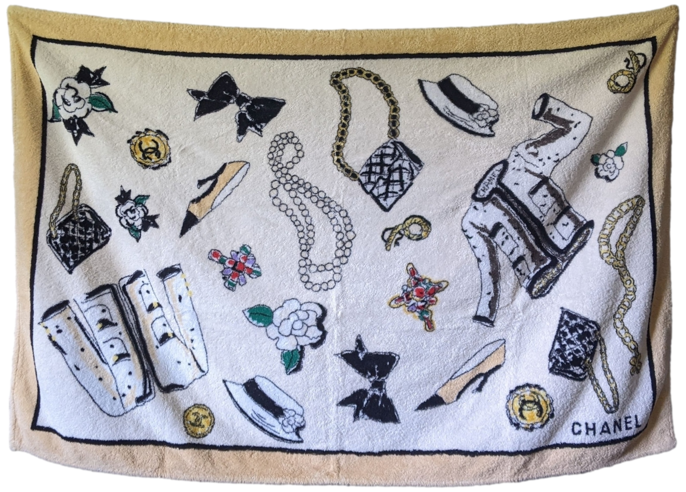 CHANEL Yellow ACCESSOIRES Terry Cotton Beach Towel 100 x 150 cm