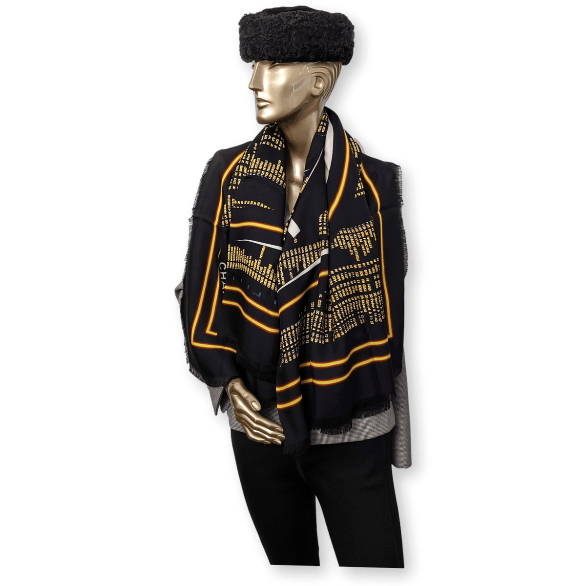 CHANEL Black Airport by Lagerfeld Special Issue Twill Silk Shawl 140