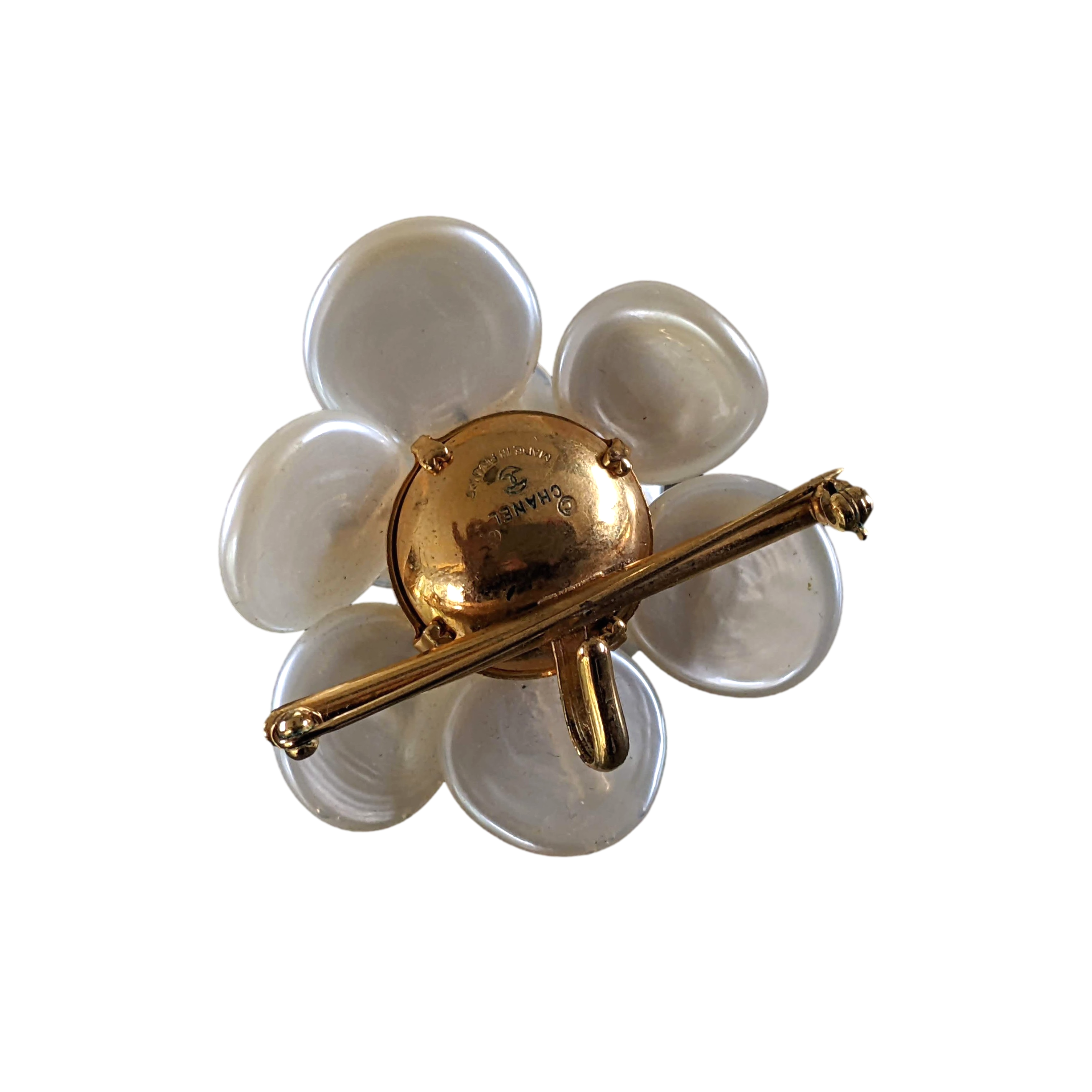 CHANEL CAMELIA 1990s Collector Mother-of-Pearl Pendant Brooch, Rare! A20230460