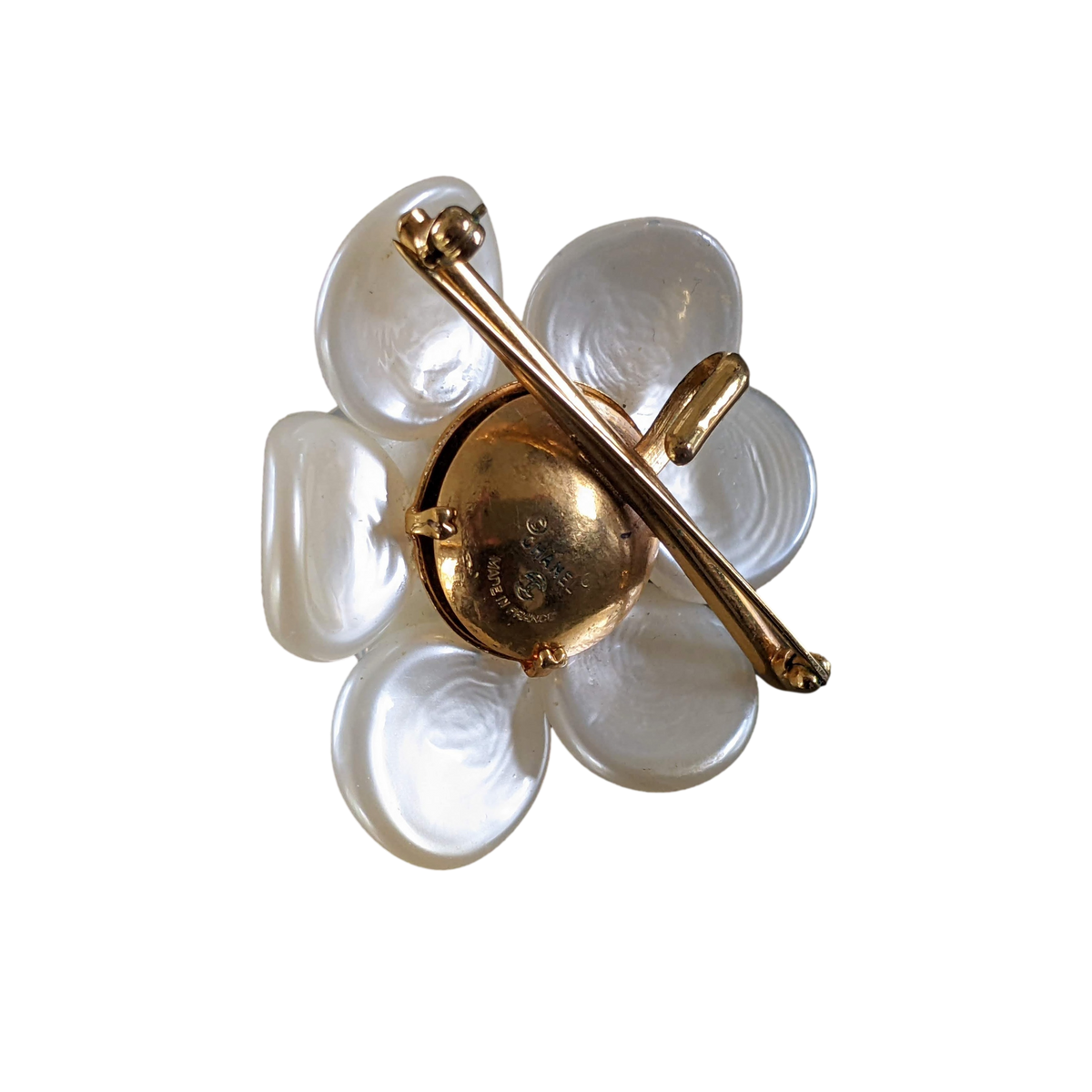 CHANEL CAMELIA 1990s Collector Mother-of-Pearl Pendant Brooch, Rare! A20230460