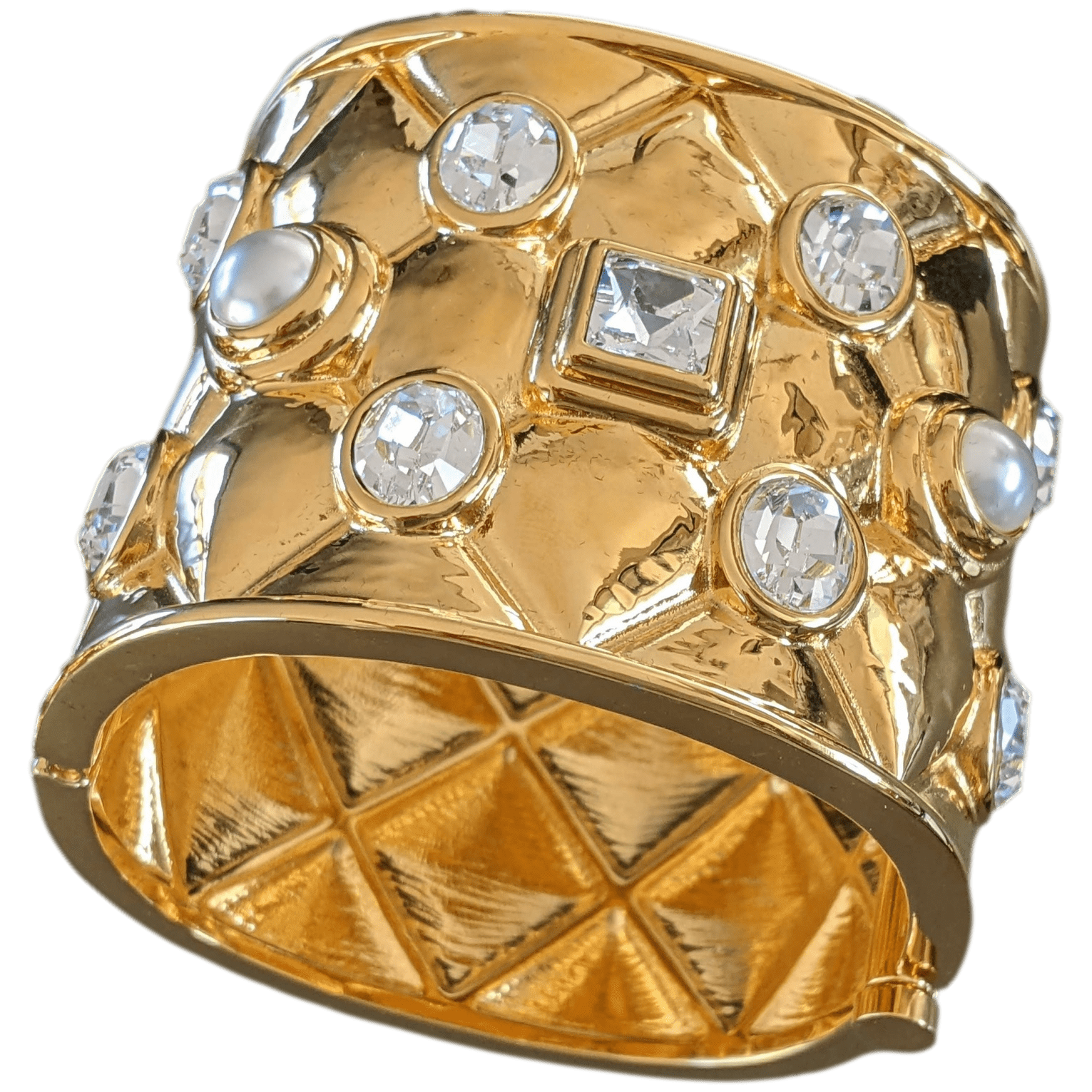 CHANEL G22 GRIPOIX Shiny Gold Quilted Crystal Pearl Manchette Bracelet Set in Box