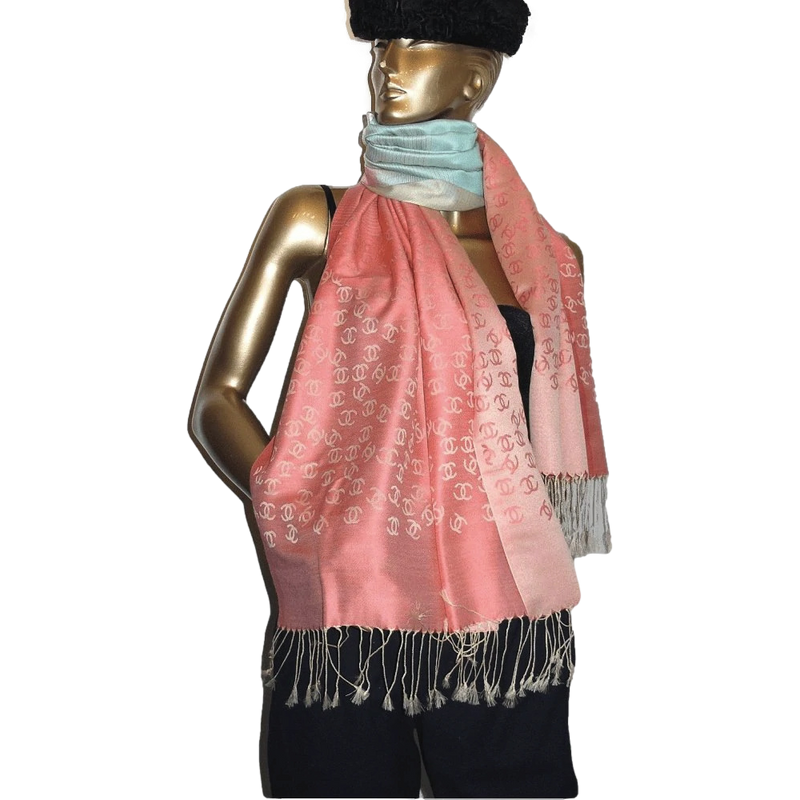 Chanel Pink Turquoise Ficelle Monogram Silk/Wool Huge Stole with Tassels