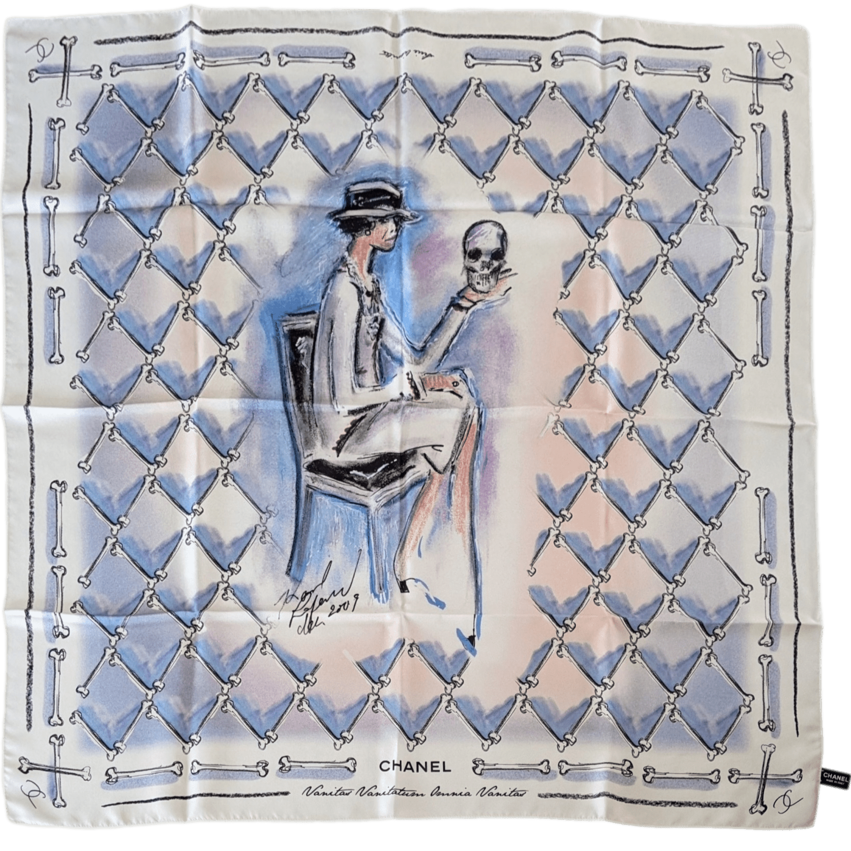 CHANEL 2009 Limited Edt 1000 Ex. Musee Maillol VANITIES Skull by Karl Lagerfeld Silk Scarf 90x 90 cm