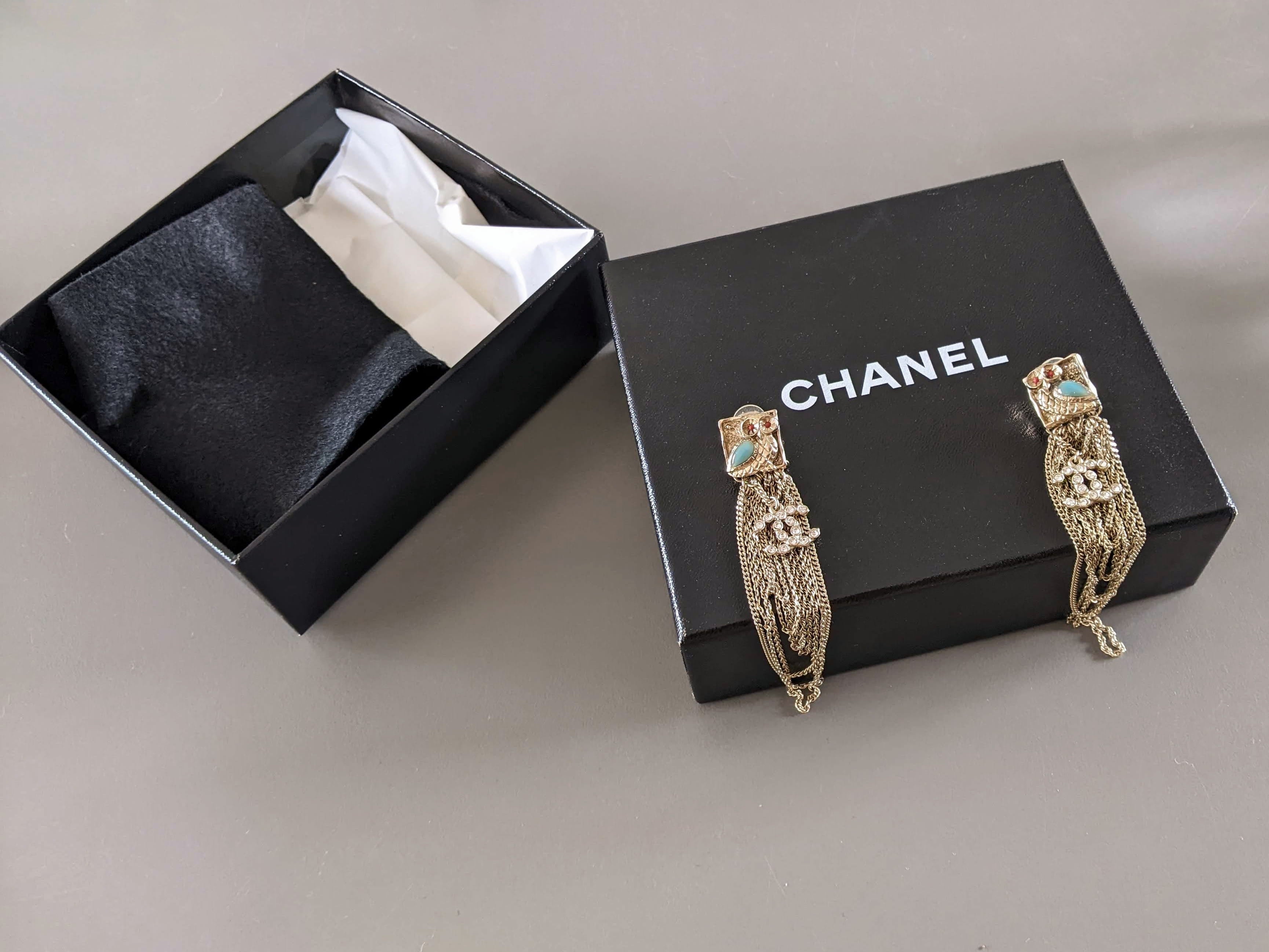 CHANEL Owl CC Logo Crystal Tassel Earrings Gold Tone 2018