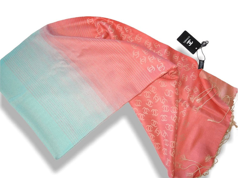 Chanel Pink Turquoise Ficelle Monogram Silk/Wool Huge Stole with Tassels, NIB! - poupishop