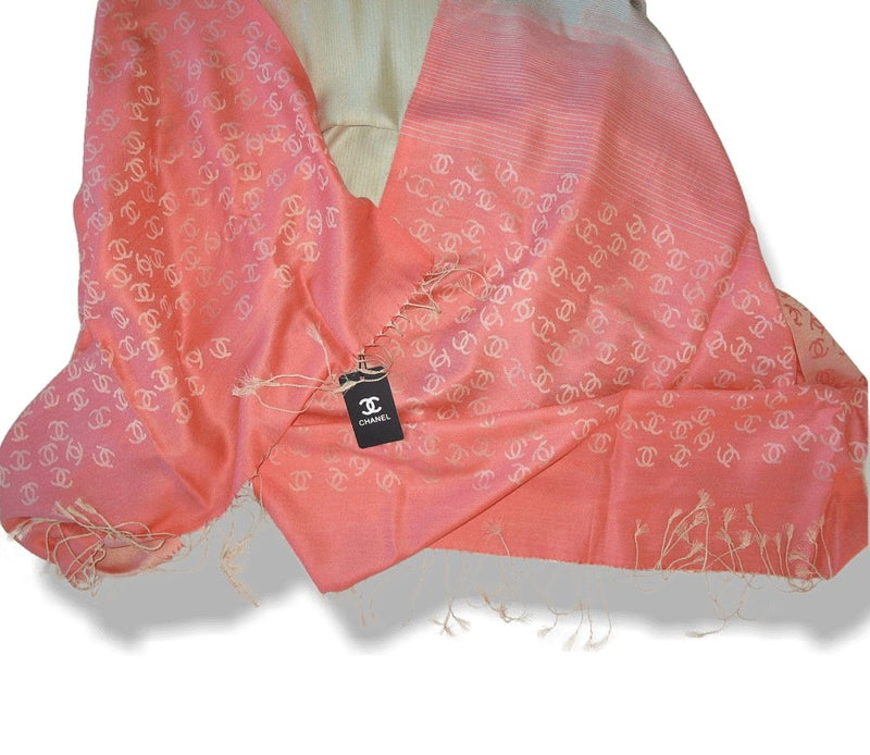 Chanel Pink Turquoise Ficelle Monogram Silk/Wool Huge Stole with Tassels, NIB! - poupishop