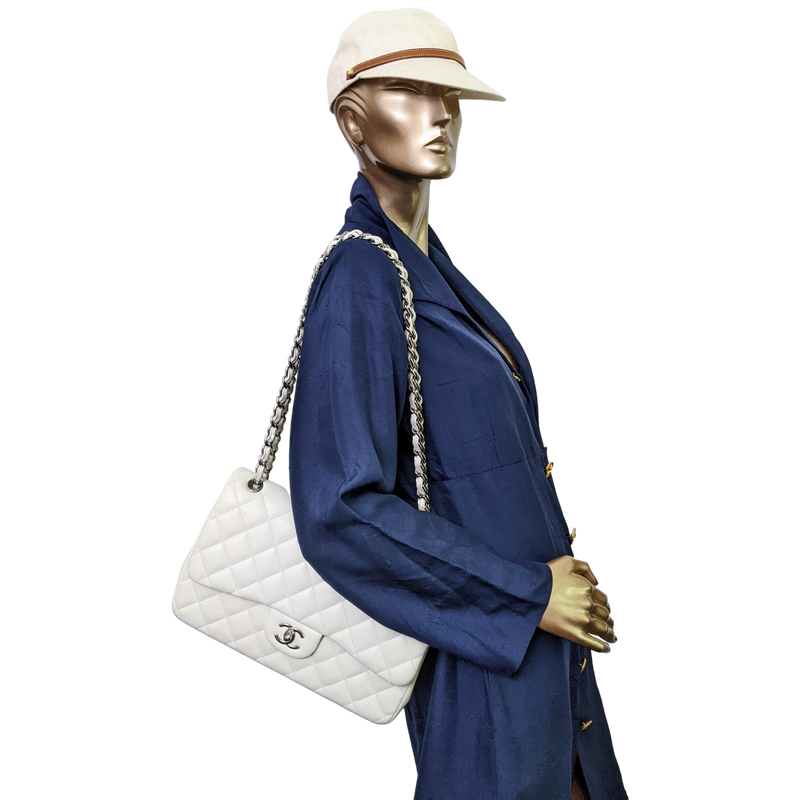 Chanel Timeless Classique Jumbo White Shoulder Bag PHW - poupishop