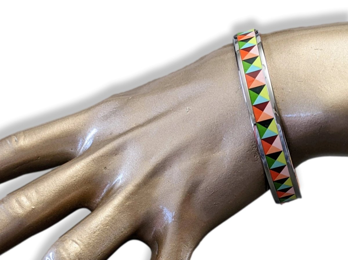 Hermes [101] Multicolore Enamel CLOUS EN TROMPE L'OEIL PHW Narrow Bangle Bracelet Sz 070, BNIB! - poupishop