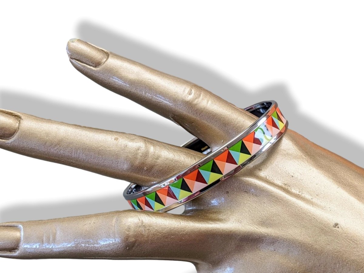 Hermes [101] Multicolore Enamel CLOUS EN TROMPE L'OEIL PHW Narrow Bangle Bracelet Sz 070, BNIB! - poupishop