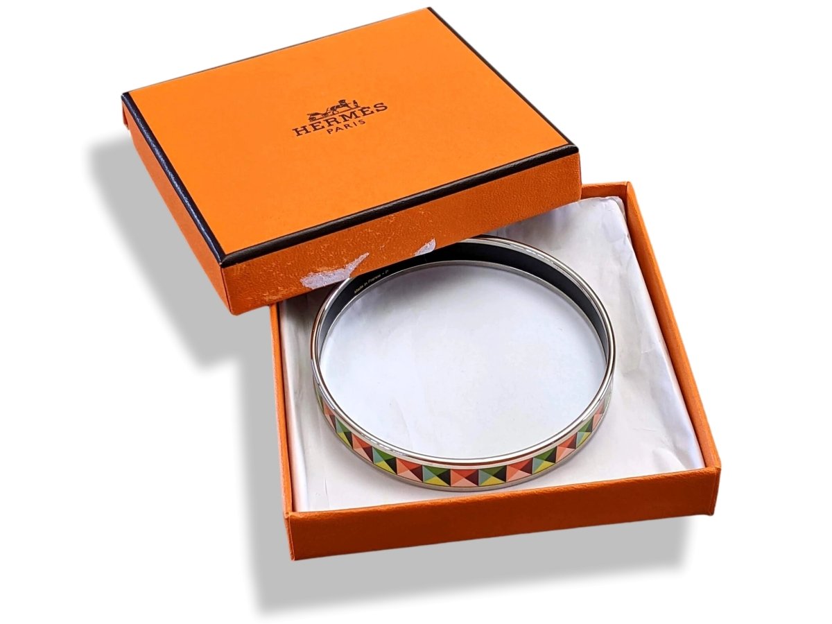 Hermes [101] Multicolore Enamel CLOUS EN TROMPE L'OEIL PHW Narrow Bangle Bracelet Sz 070, BNIB! - poupishop