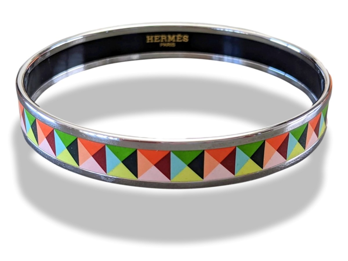 Hermes [101] Multicolore Enamel CLOUS EN TROMPE L'OEIL PHW Narrow Bangle Bracelet Sz 070, BNIB! - poupishop