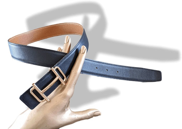 Hermes [11] 1997 Dark Blue Box/Gold Epsom Reversible Leather Strap Belt 32 MM Sz70, NIB! - poupishop