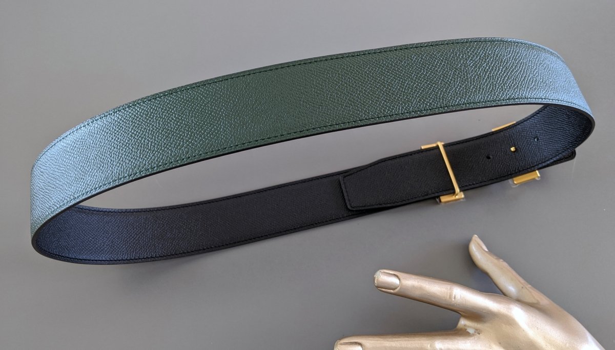 Hermes [131] Noir/Vert Anglais Epsom/Epsom Leather Reversible Strap Belt 42 MM Sz90cm, BNWTIB! - poupishop