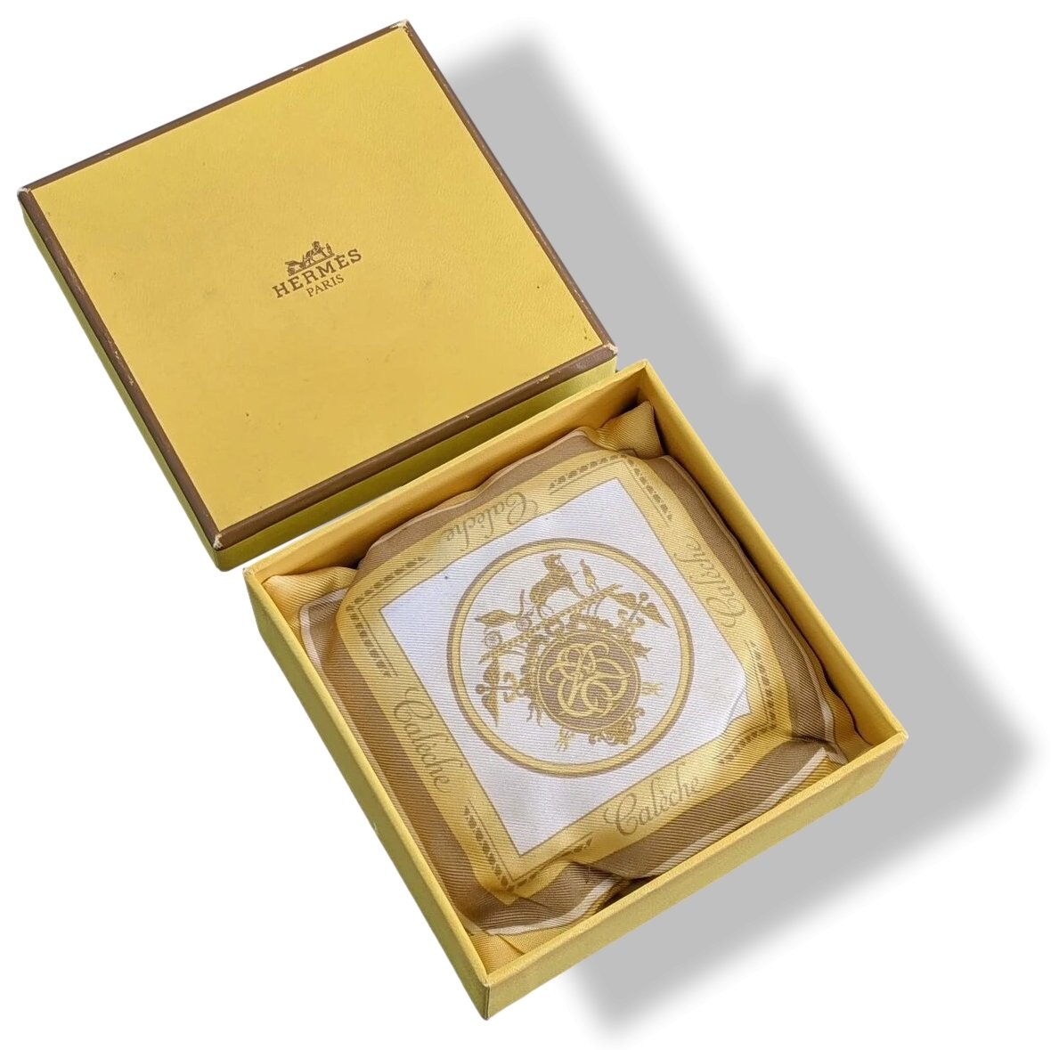 Hermes 1961 CALECHE SOIE DE PARFUM Silk Small Cushion in Yellow BOX!