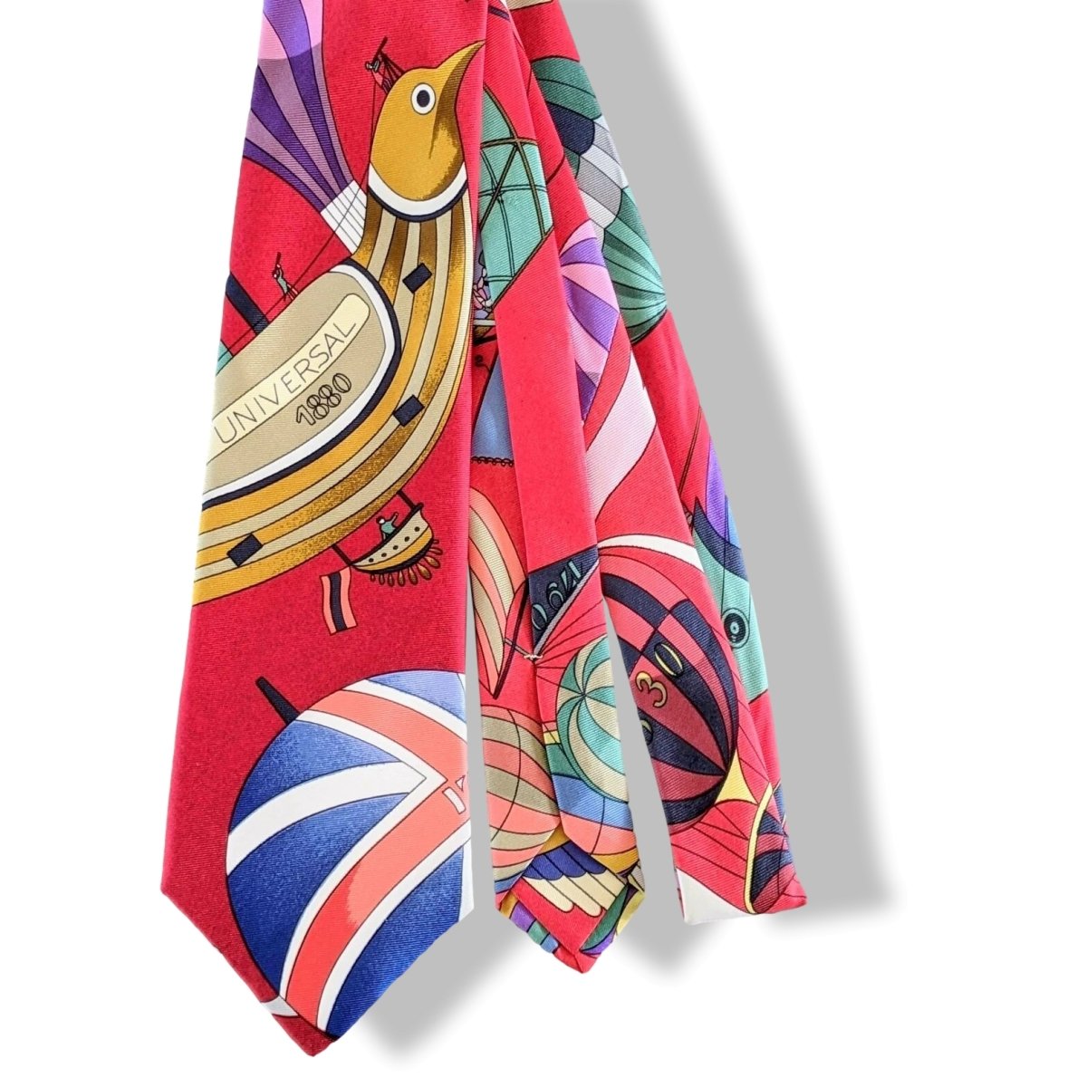 Hermes 1990's Red LES FOLIES DU CIEL by Loic Dubigeon Twill Silk Tie, Box!