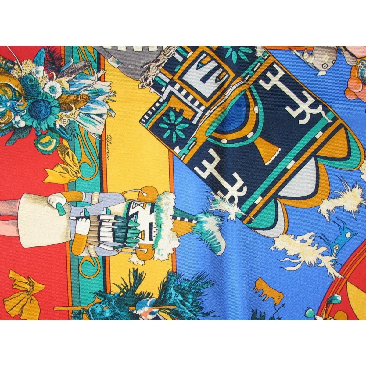 Hermes Kachinas by Kermit Oliver Blanc Matte Overlay Twill Scarf