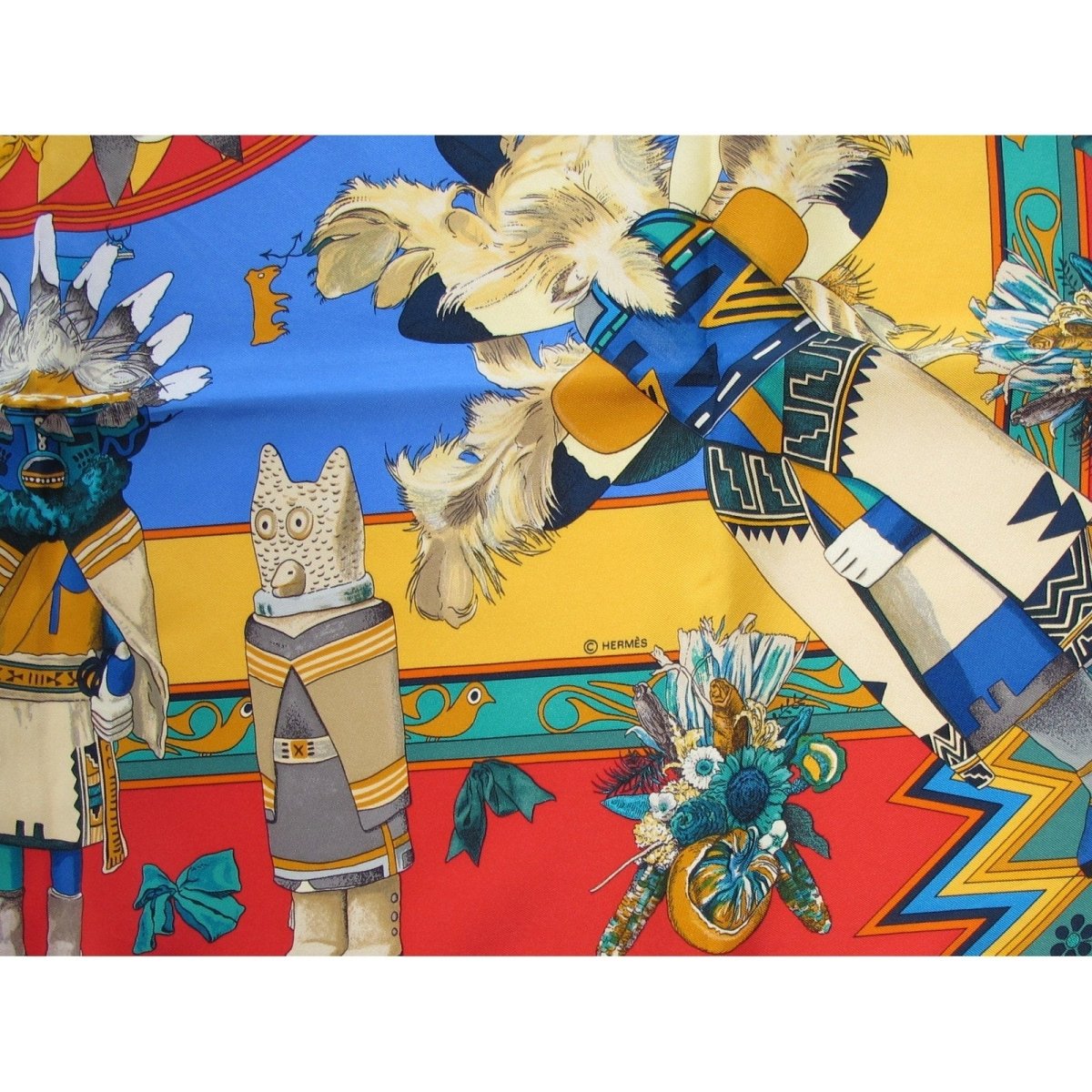 Hermes Kachinas by Kermit Oliver Blanc Matte Overlay Twill Scarf