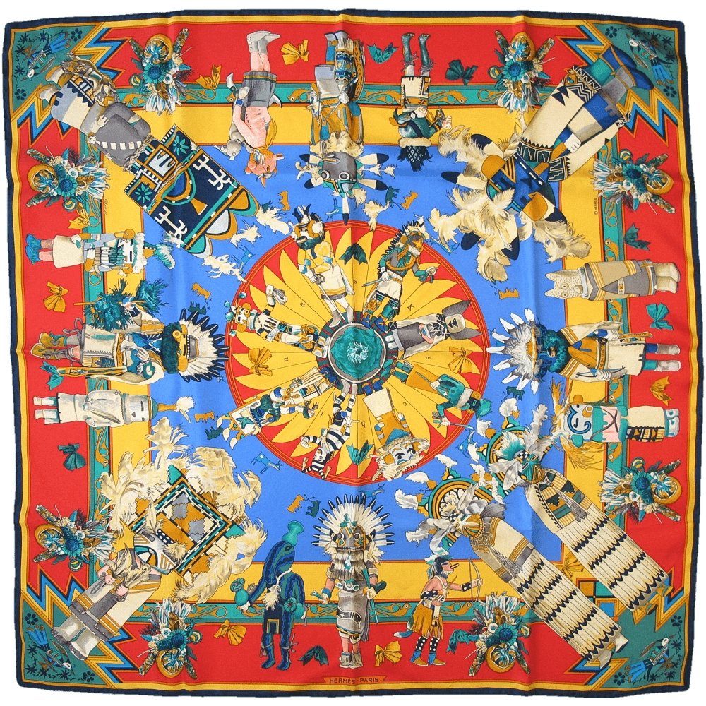 Hermes Kachinas by Kermit Oliver Blanc Matte Overlay Twill Scarf