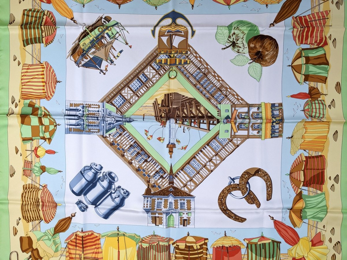 Hermes 1999 Pistache/Blanc/Multi Limited to Deauville Charmes des plages Normandes Twill 90, NIB!