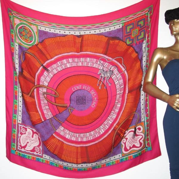 Hermes 2010 Rose/Purple/Green Cent Plis des Miao Cashmere Shawl 140 - poupishop