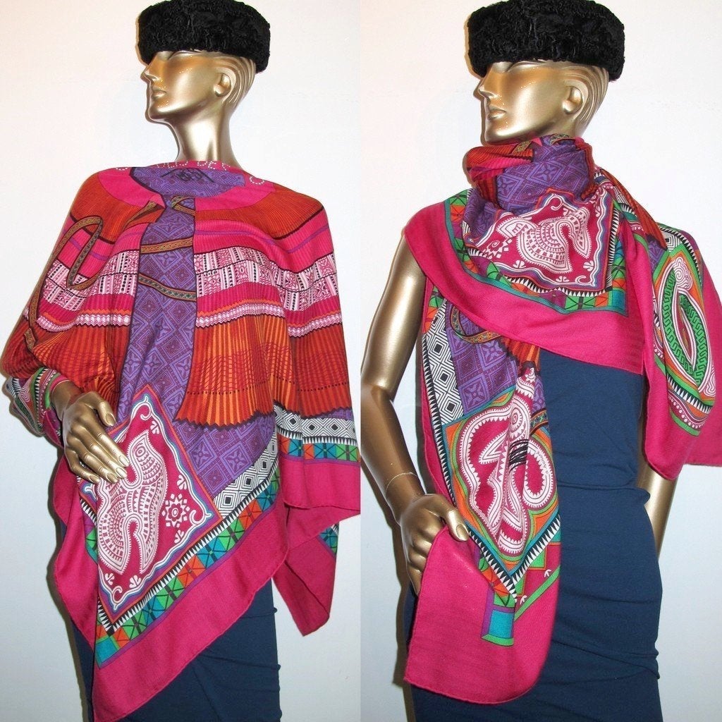 Hermes 2010 Rose/Purple/Green Cent Plis des Miao Cashmere Shawl 140 - poupishop