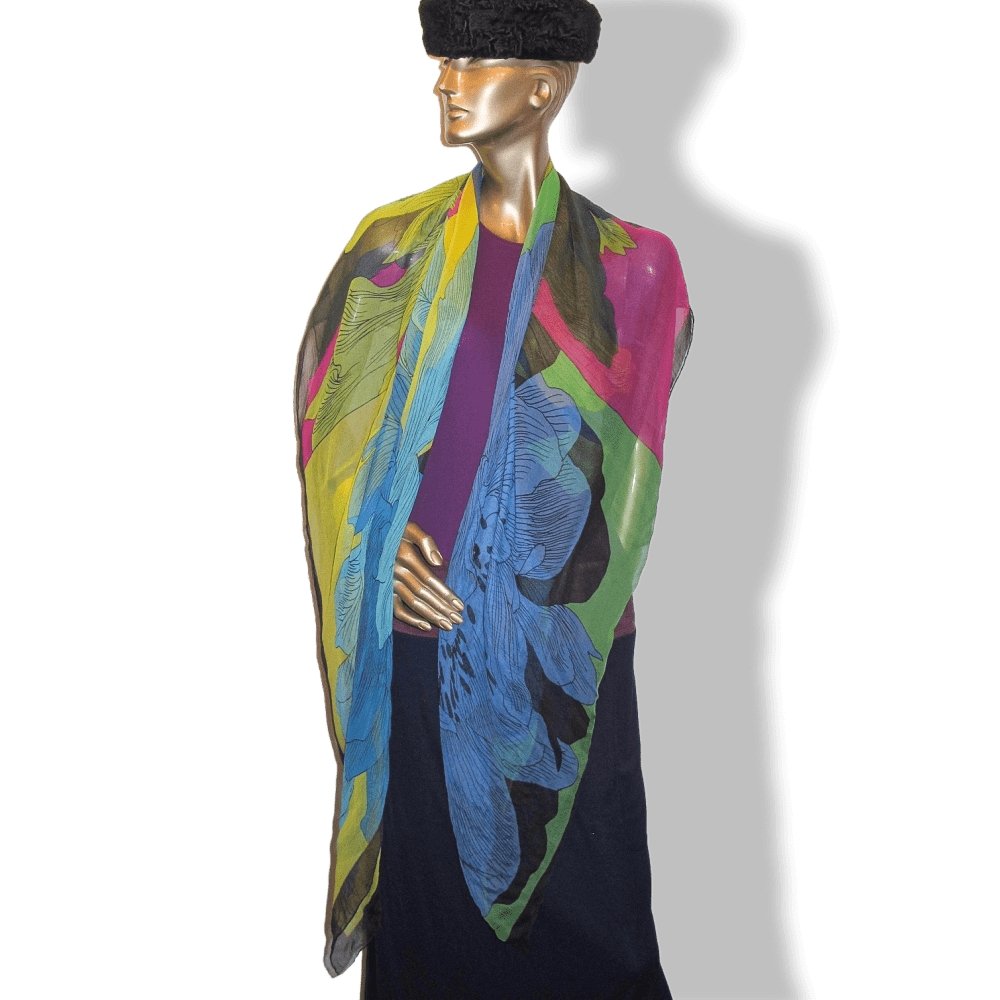 Hermes 2017 Black Multi Etude pour un Iris Arc-en-Ciel by Benoit Pierre Emery Silk Chiffon Mousseline Shawl 140, Mint! - poupishop