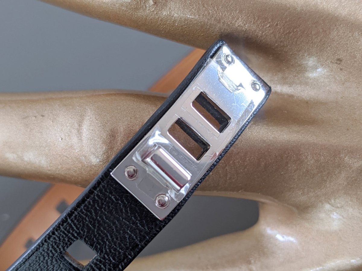 Hermes [89] Unisex Black Swift Calfskin/Ag MINI DOG PERFORATIONS CARREES Bracelet Sz T4, BNIB! - poupishop