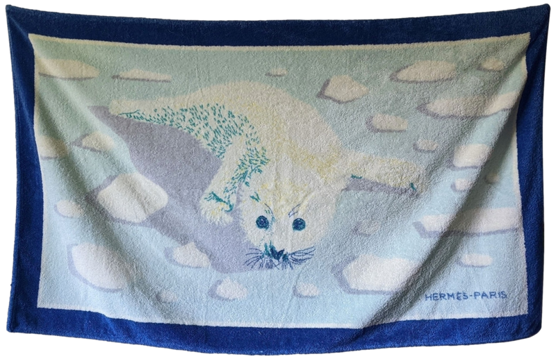 HERMES BB PHOQUE Blue Terry Beach Towel 90 x 150 cm