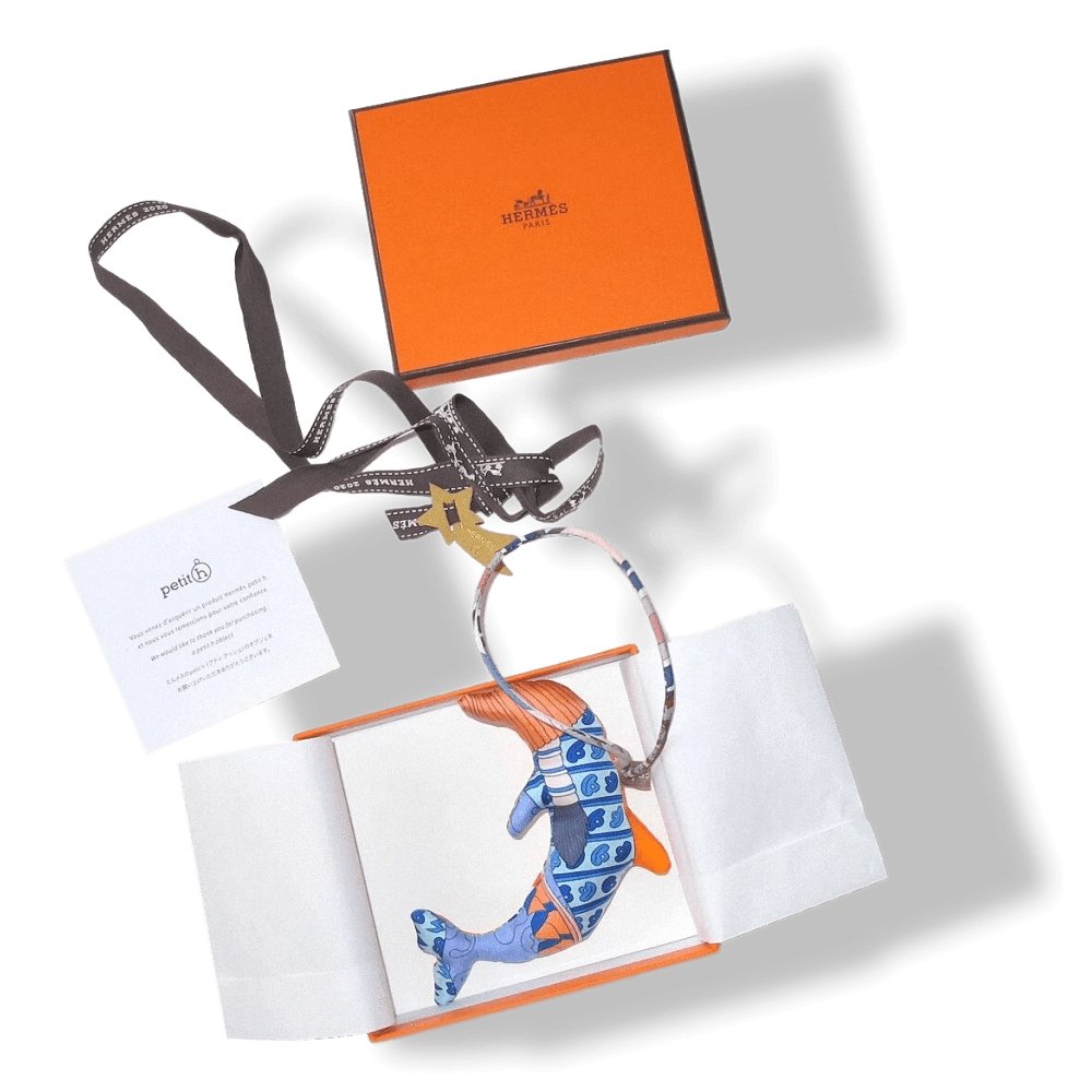 Hermes Blue Orange Yellow Dolphin Petit H Silk Bridle Bag Charm PM, NIB! - poupishop