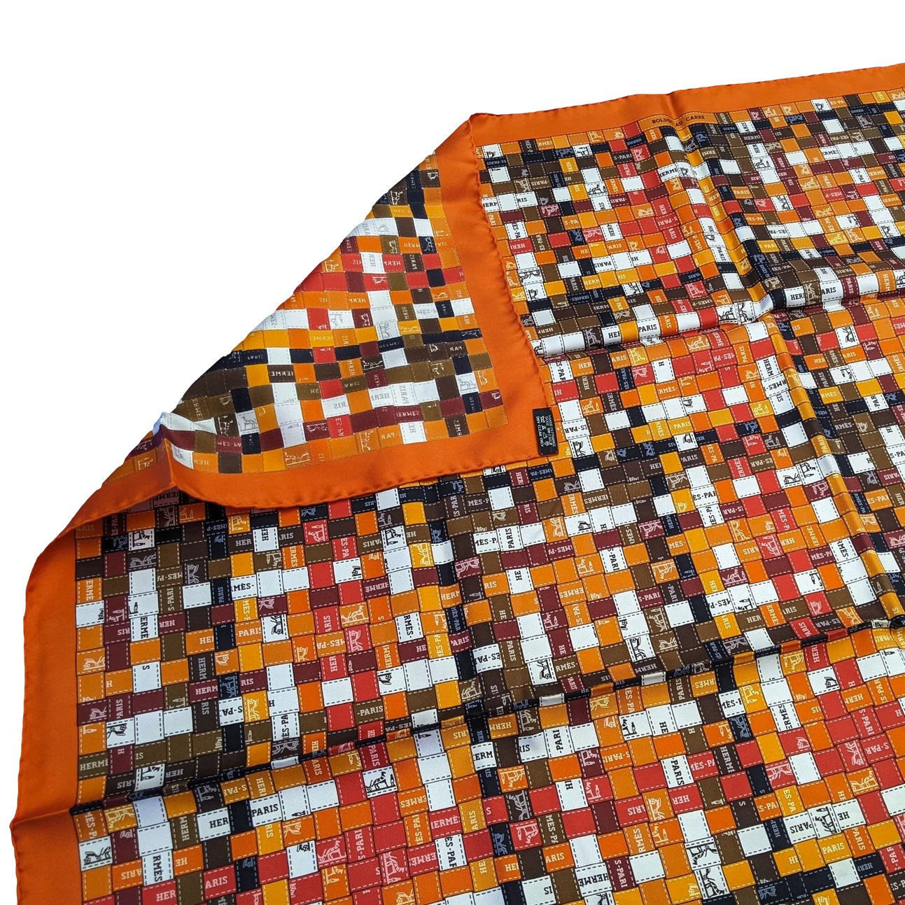 Produits Hermes 2007 Orange/Marron "Bolduc au Carré" by Caty Latham Twill 90cm