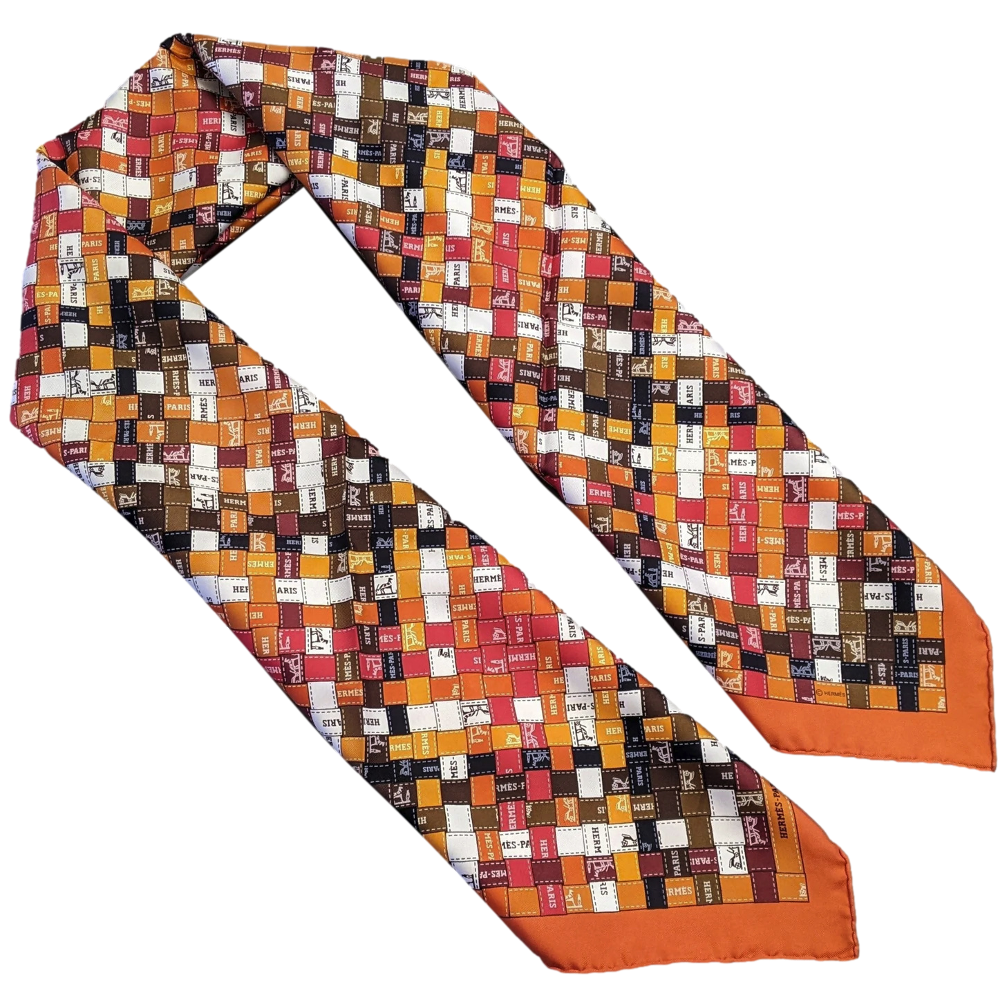 Produits Hermes 2007 Orange/Marron "Bolduc au Carré" by Caty Latham Twill 90cm
