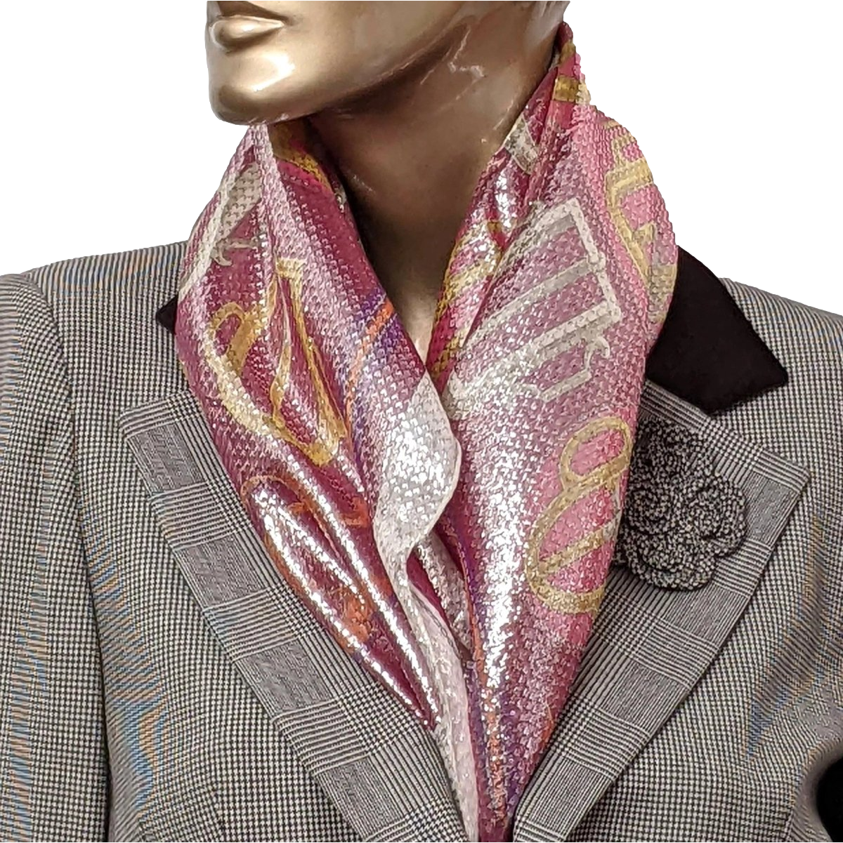 Hermes Rose/Rouge/Or/Blanc Special Issue Iridescent Glam Bouclerie d'Attelage 70% Silk Scarf 70 cm